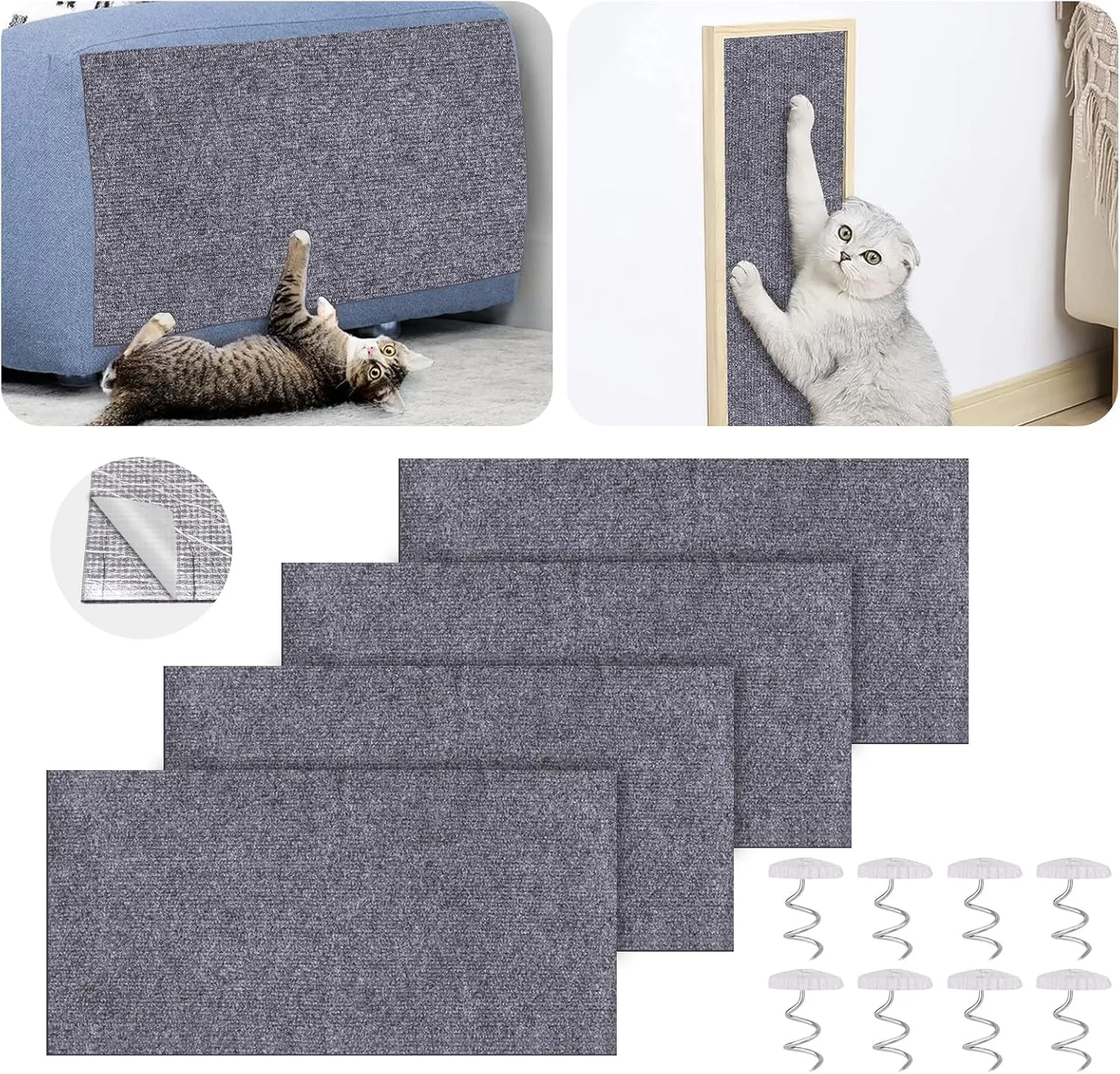 Mity rain 4PCS Cat Scratch Furniture Protector Mats 23.6X11.8Trimmable Self-Adhesive Cat Scratch Pads with 8PCS Furniture Nails Cat Couch Protector Mat for Pet Furniture DIY Dark Gray
