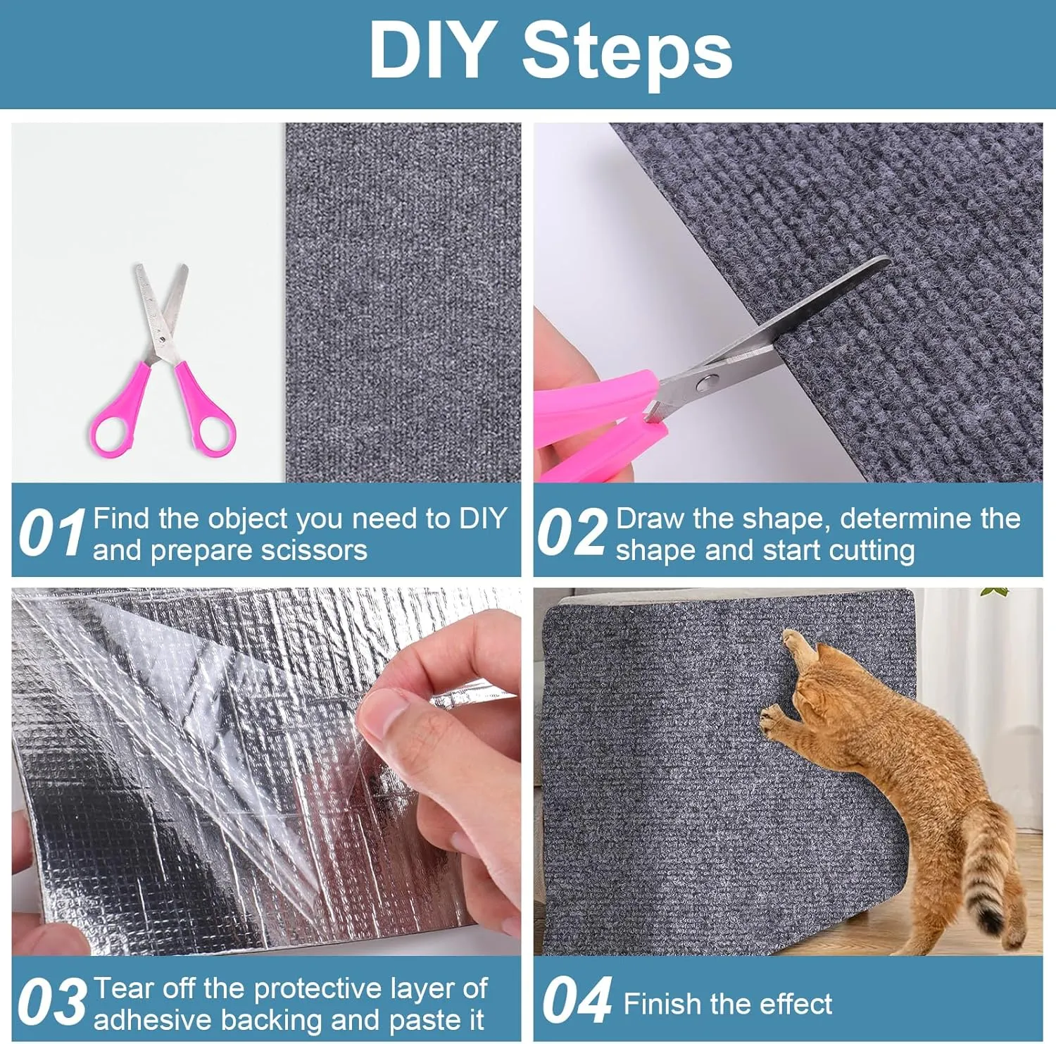 Mity rain 4PCS Cat Scratch Furniture Protector Mats 23.6X11.8Trimmable Self-Adhesive Cat Scratch Pads with 8PCS Furniture Nails Cat Couch Protector Mat for Pet Furniture DIY Dark Gray