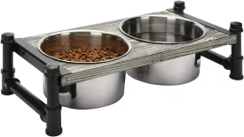 MyGift Elevated Dog Bowls with Non Slip Feet for Small Dogs, Torched Wood and Black Metal Pipe Raised Pet Feeder Stand, Includes 2 Stainless Steel Bowls