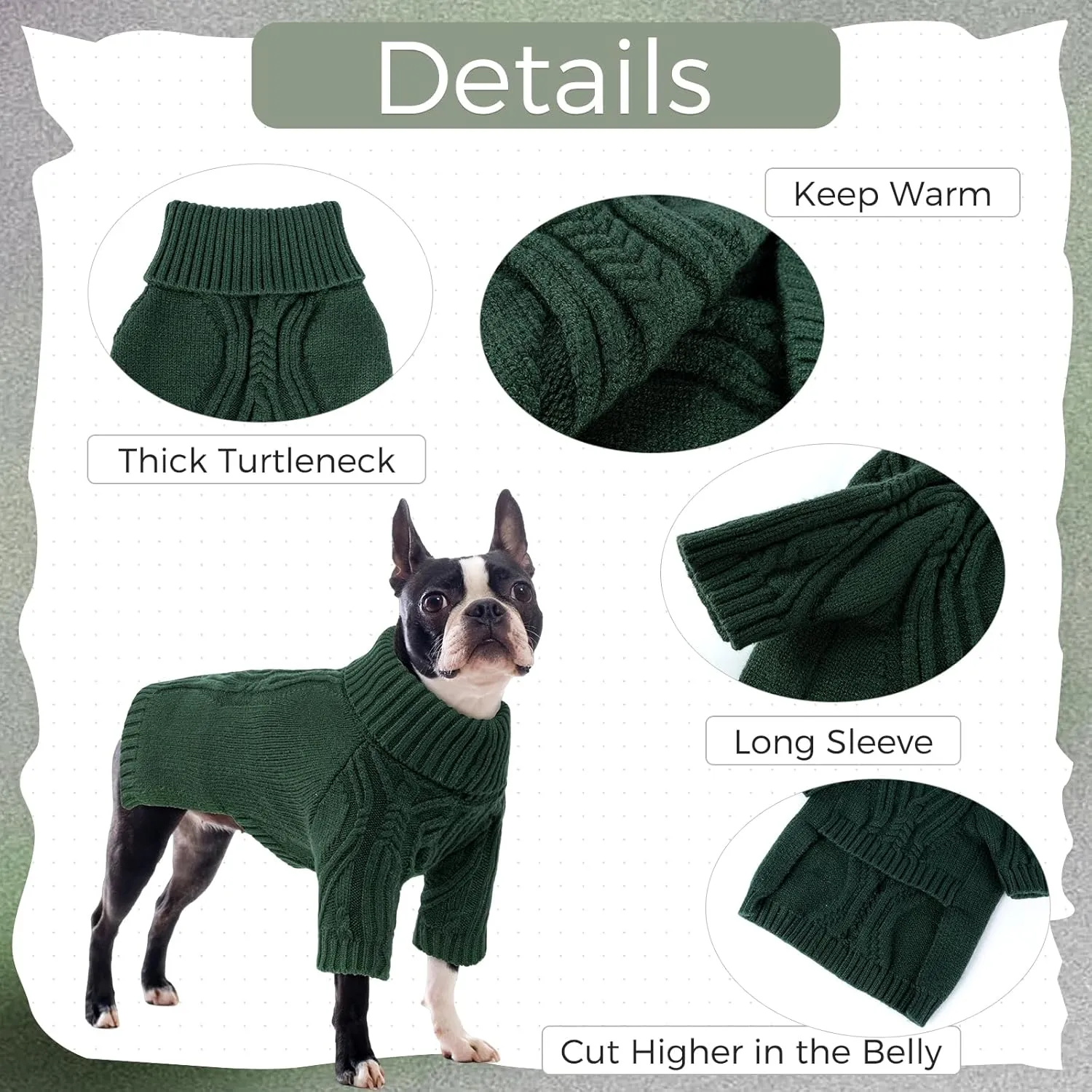 NACOCO Christmas Dog Turtleneck Sweater - Small Dog Sweater Pet Clothes Thanksgiving Doggie Sweatshirt Fall Knit Warm Winter Apparel Knitwear Outfit for French Bulldog, Corgi (Green, L)