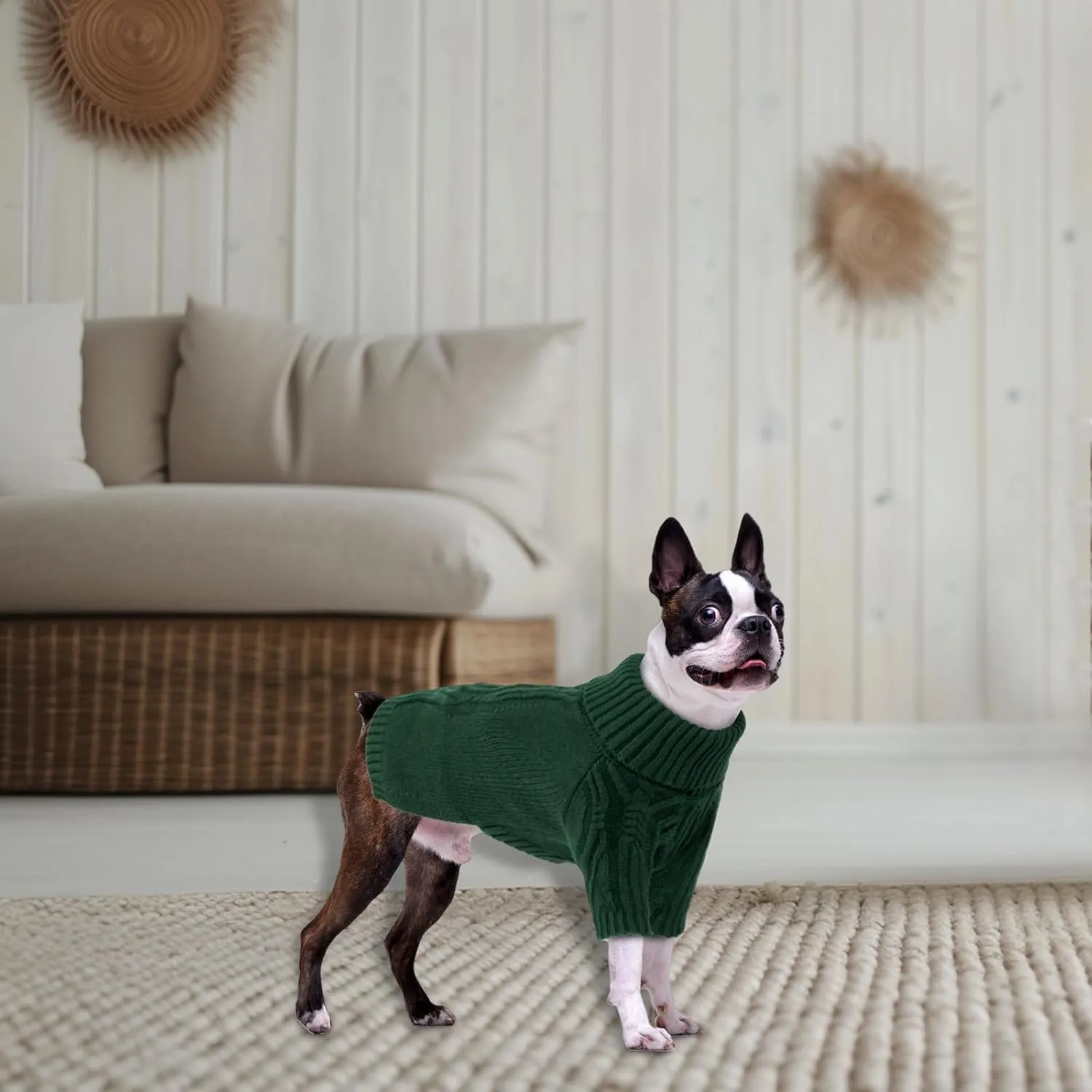 NACOCO Christmas Dog Turtleneck Sweater - Small Dog Sweater Pet Clothes Thanksgiving Doggie Sweatshirt Fall Knit Warm Winter Apparel Knitwear Outfit for French Bulldog, Corgi (Green, L)