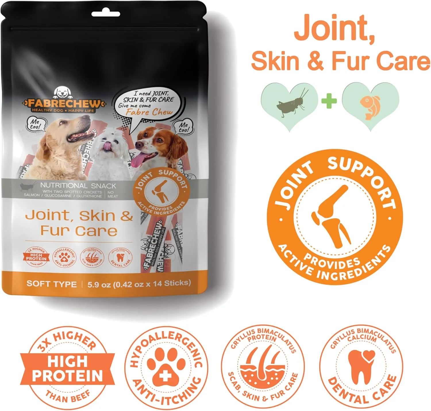 Orange Joint, Skin & Fur Care Cricket & Salmon Protein Dog Treats : High-Protein Dental Snacks, Hypoallergenic, Meat Free, Soft Type (14 Pcs)