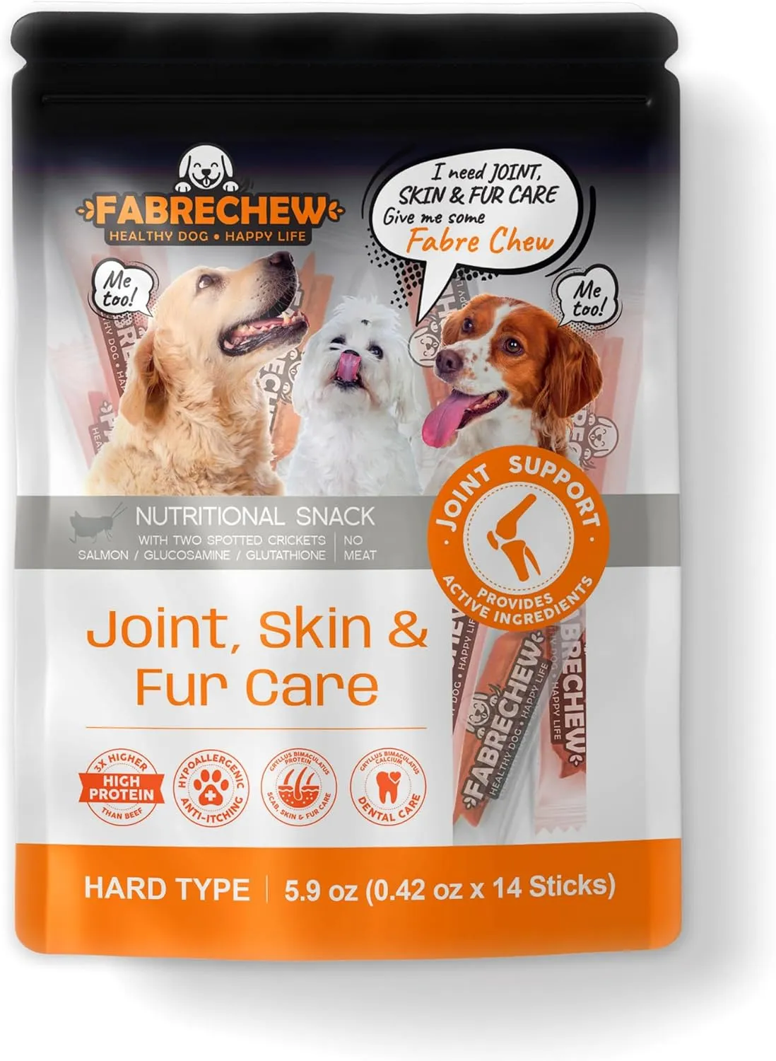 Orange Joint, Skin & Fur Care Cricket & Salmon Protein Dog Treats : High-Protein Dental Snacks, Hypoallergenic, Meat Free, Soft Type (14 Pcs)