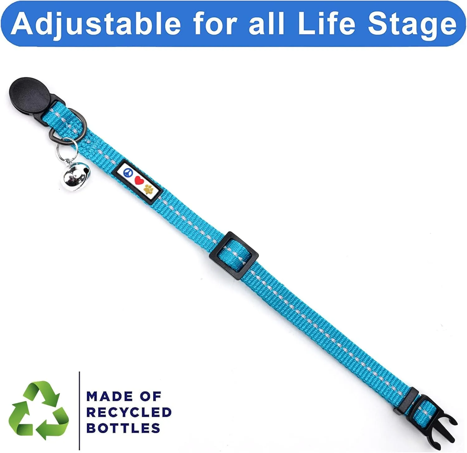 Pawtitas Recycled Cat Collar with Reflective Stitched and Safety Buckle Removable Bell Reflective Cat Breakaway Collar Made from Plastic Bottles Teal Turquoise Wave Cat Collar