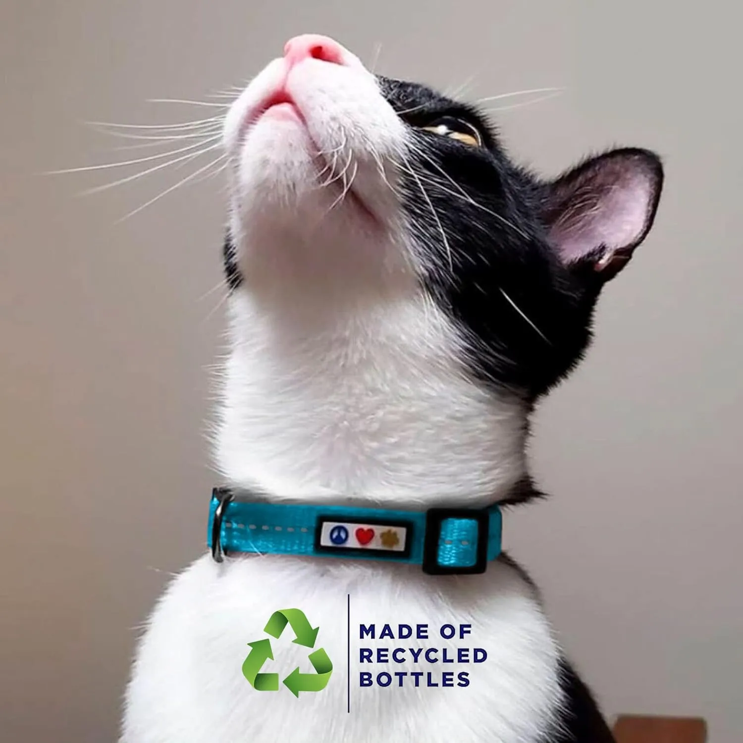 Pawtitas Recycled Cat Collar with Reflective Stitched and Safety Buckle Removable Bell Reflective Cat Breakaway Collar Made from Plastic Bottles Teal Turquoise Wave Cat Collar