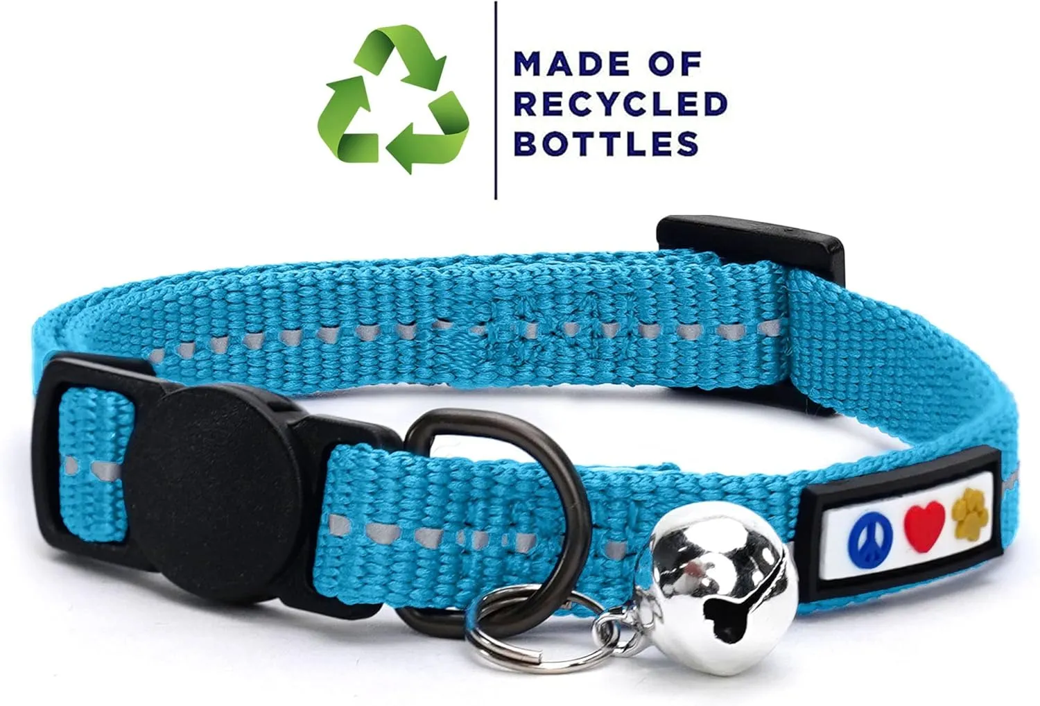 Pawtitas Recycled Cat Collar with Reflective Stitched and Safety Buckle Removable Bell Reflective Cat Breakaway Collar Made from Plastic Bottles Teal Turquoise Wave Cat Collar