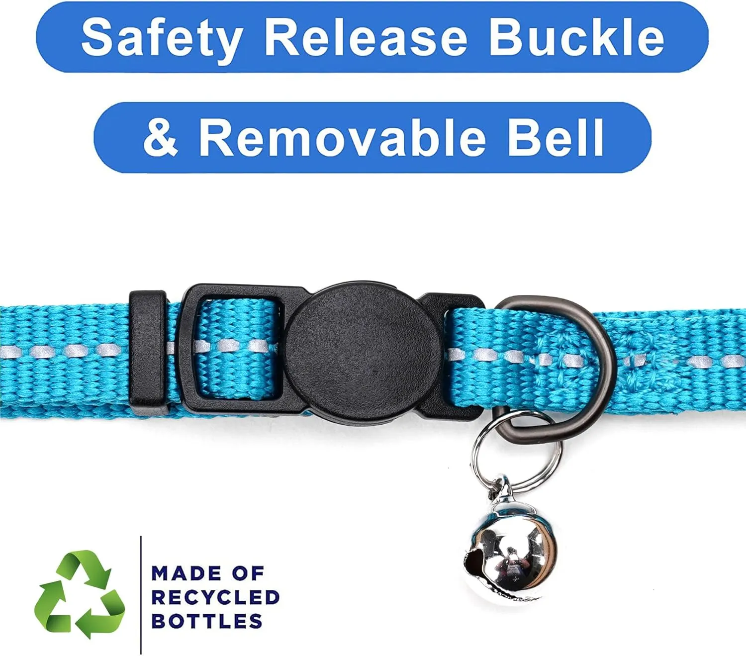 Pawtitas Recycled Cat Collar with Reflective Stitched and Safety Buckle Removable Bell Reflective Cat Breakaway Collar Made from Plastic Bottles Teal Turquoise Wave Cat Collar