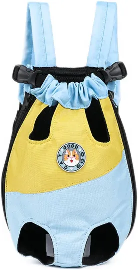 Pet Legs Out Carrier Backpack, Dog Cat Front Backpack Ventilated Mesh Travel Back Pack with Safety Belt for Travel Hiking Cycling Outdoor Use, Medium Large Puppy Cat Carrying Bag, Blue