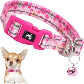 Pink Puppy Collar with Bell - Reflective Adjustable Nylon Kitten-Safe Collar for Small Dogs & Cats, Soft Flower Pattern Design for Teacup Chihuahua, Pomeranian, and Kittens (X-Small, Flower)