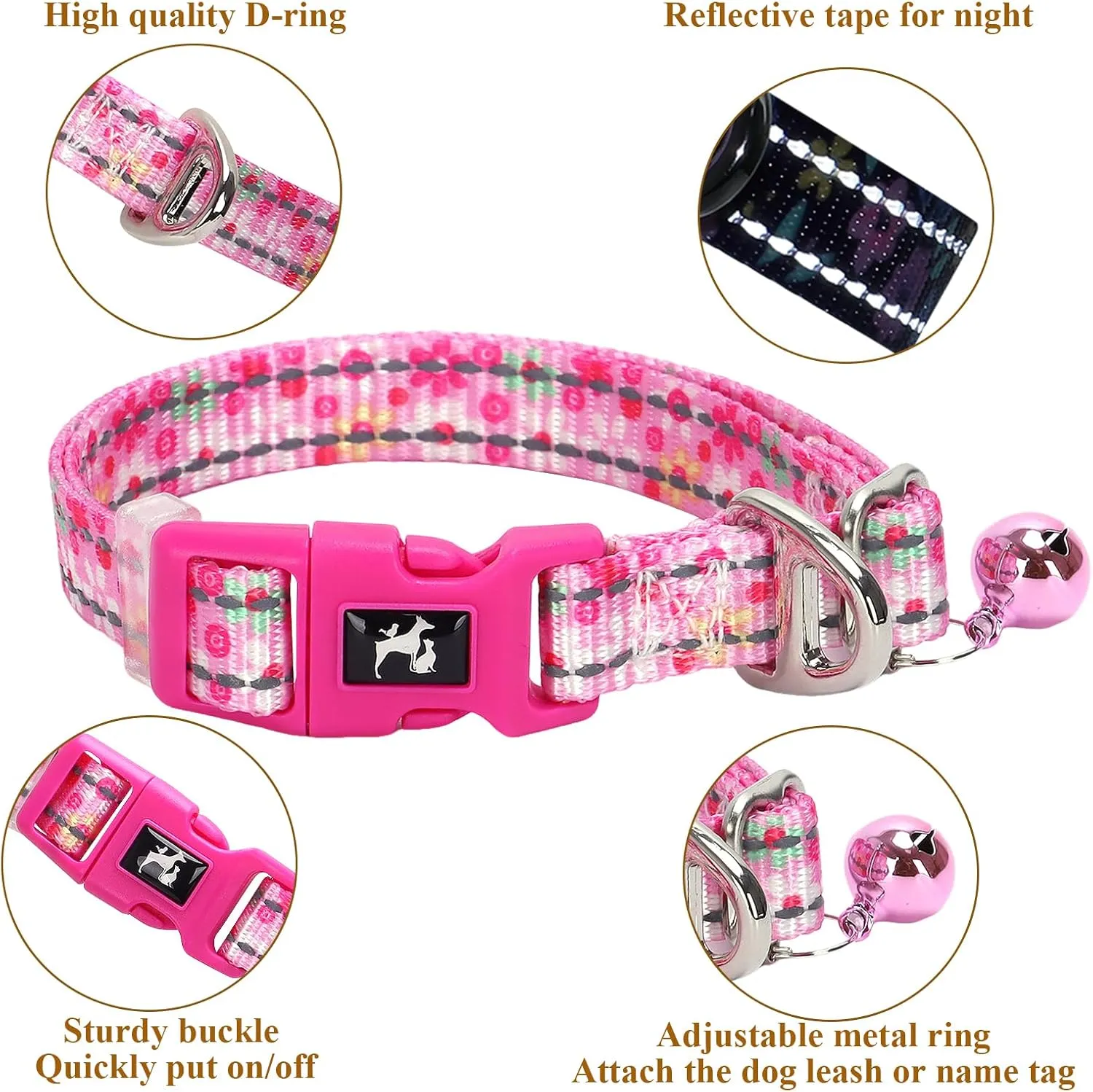 Pink Puppy Collar with Bell - Reflective Adjustable Nylon Kitten-Safe Collar for Small Dogs & Cats, Soft Flower Pattern Design for Teacup Chihuahua, Pomeranian, and Kittens (X-Small, Flower)