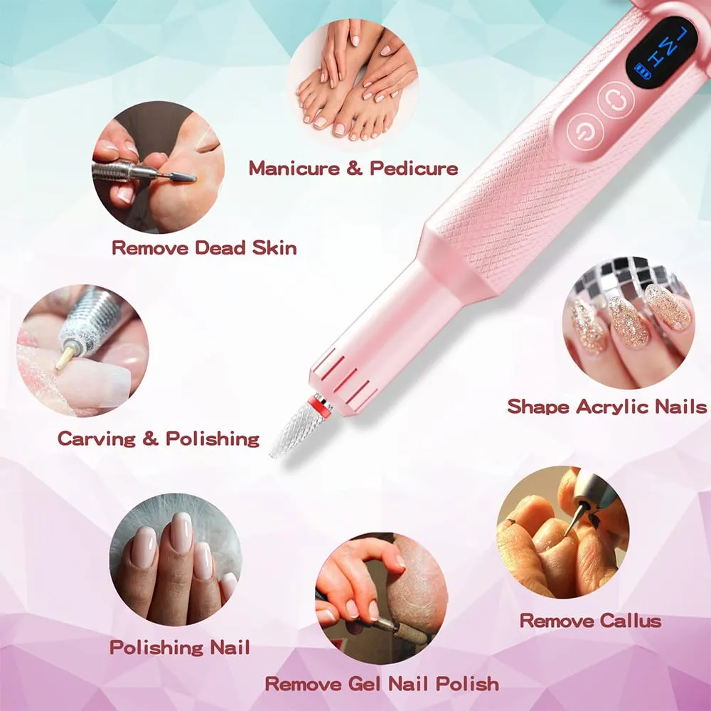 Pinkiou Electric Nail Drill, Portable Electric Nail File Rechargeable Nail Filer Electric Nail Drill Kit Nail Art Sanding for Acrylic Gel Nails Professional Manicure Pedicure Polishing