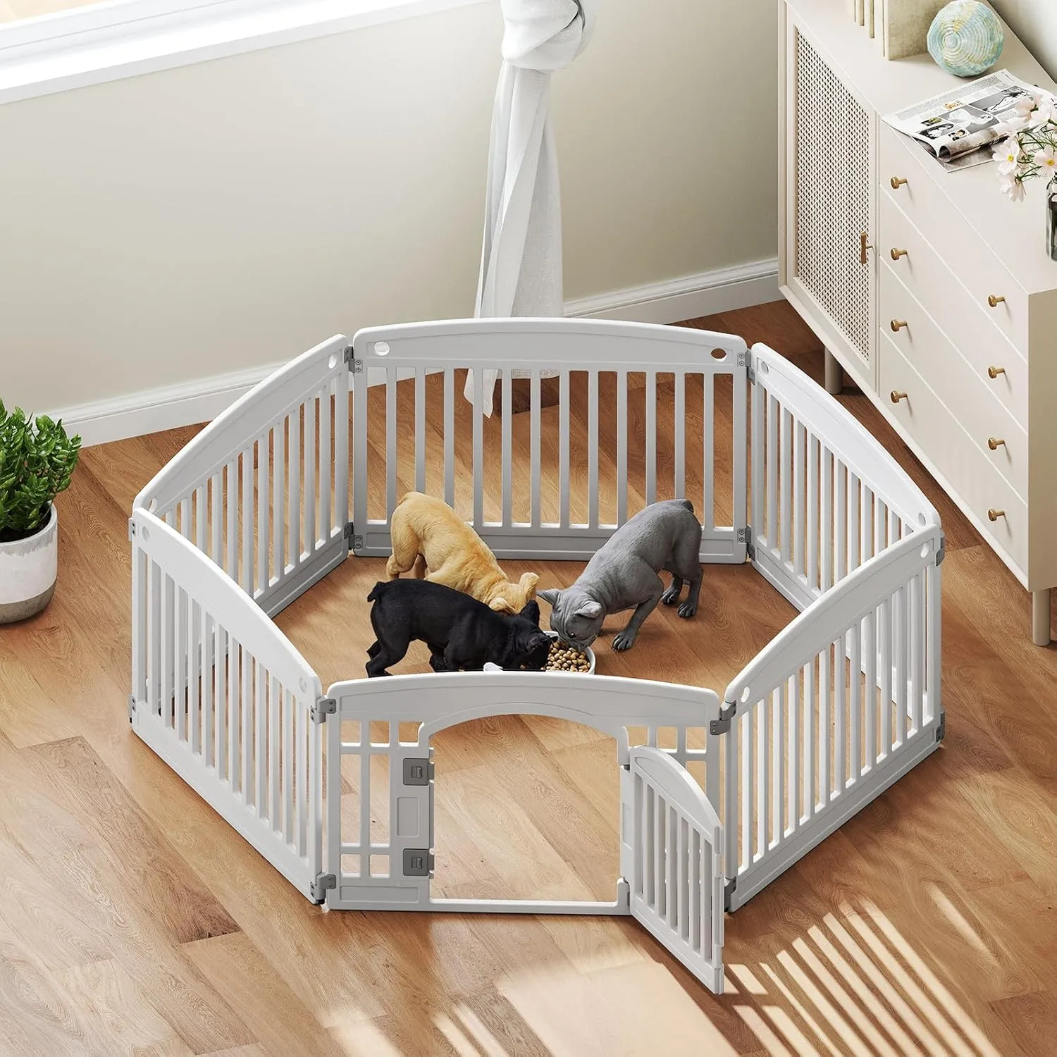 Plastic Dog Playpen | 6-Panel 24" Safe & Secure Indoor/Outdoor Pet Fence | Folding & Portable | 35 x 35 x 24IN, Ideal for Small to Medium Dogs | Easy to Clean White