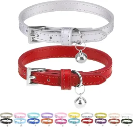 PUPTECK 2 PCS Soft Leather Cat Kitten Collar with Bells Adjustable for Girl Boy Cats Puppy - Red, Silvery