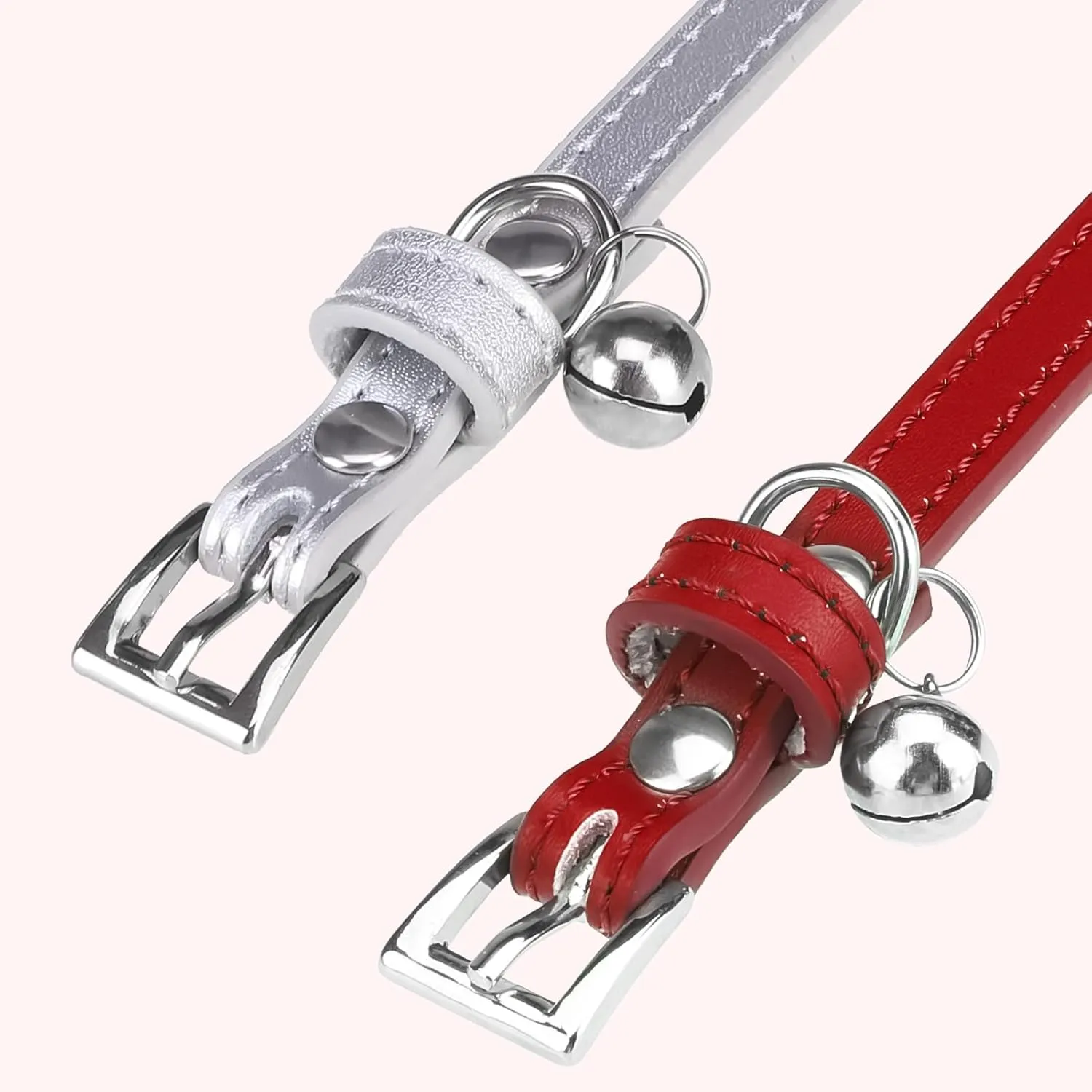 PUPTECK 2 PCS Soft Leather Cat Kitten Collar with Bells Adjustable for Girl Boy Cats Puppy - Red, Silvery