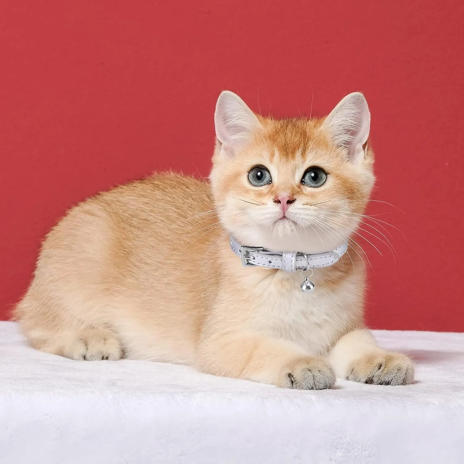 PUPTECK 2 PCS Soft Leather Cat Kitten Collar with Bells Adjustable for Girl Boy Cats Puppy - Red, Silvery