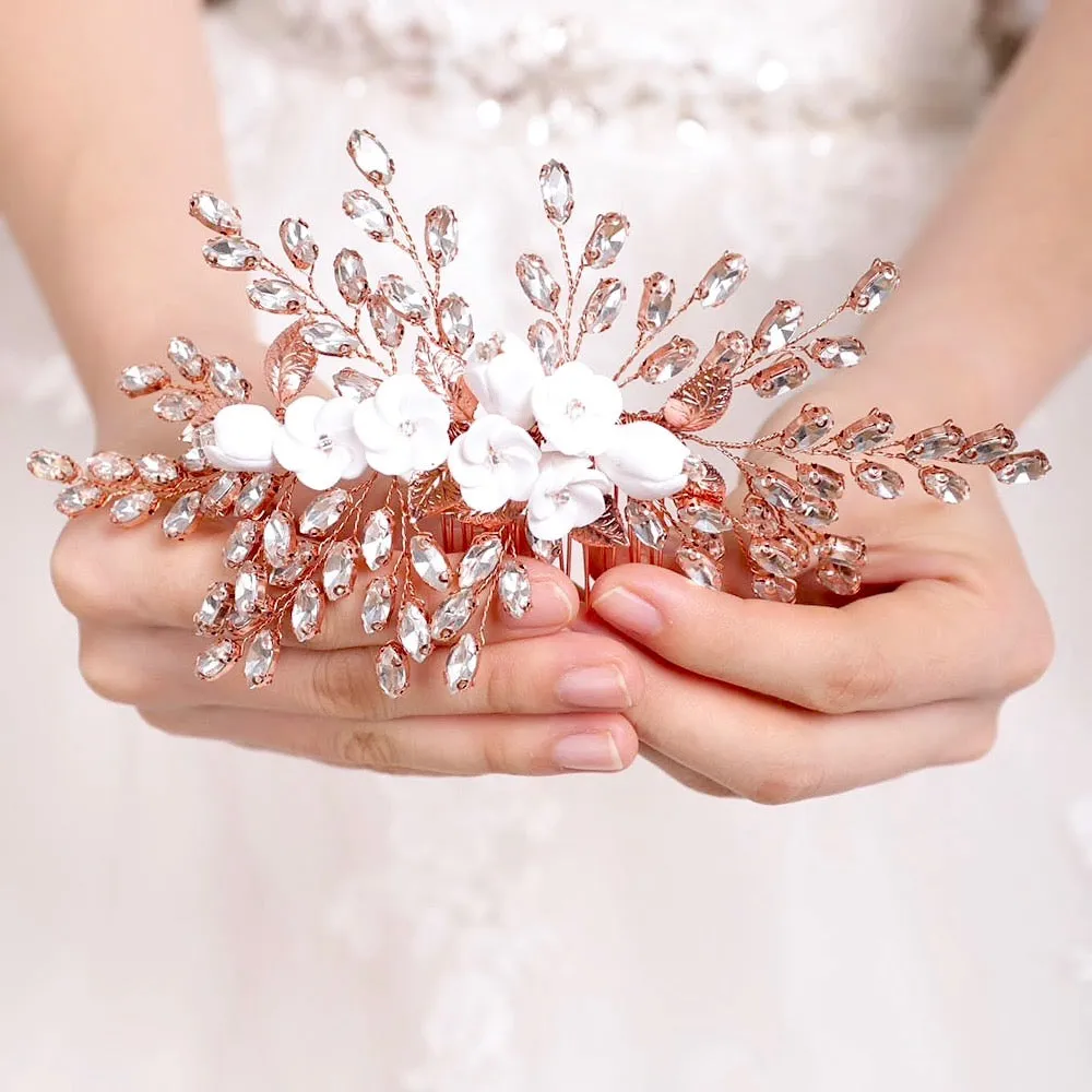"Kenlyn" - Ceramic Flower Bridal Hair Comb - Available in Silver, Rose Gold and Yellow Gold