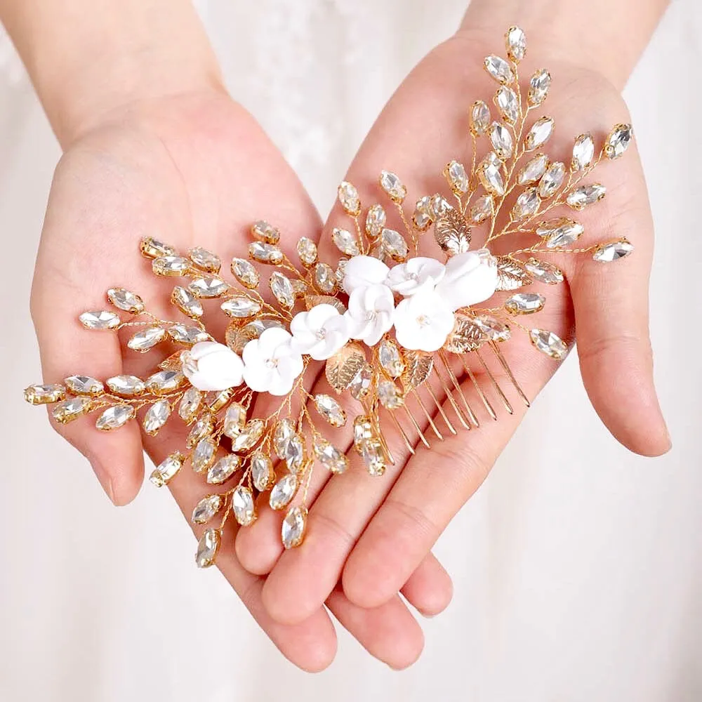 "Kenlyn" - Ceramic Flower Bridal Hair Comb - Available in Silver, Rose Gold and Yellow Gold