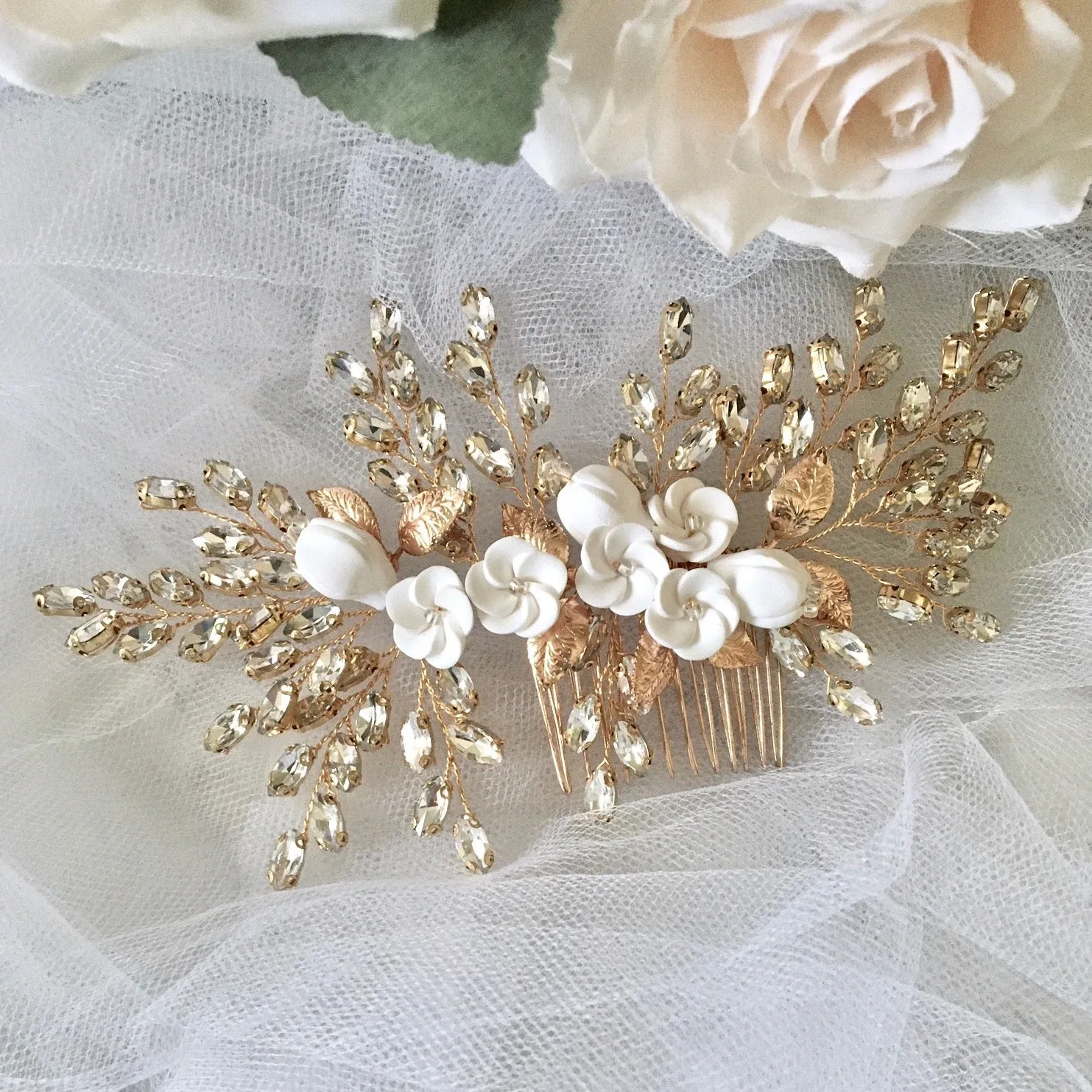 "Kenlyn" - Ceramic Flower Bridal Hair Comb - Available in Silver, Rose Gold and Yellow Gold
