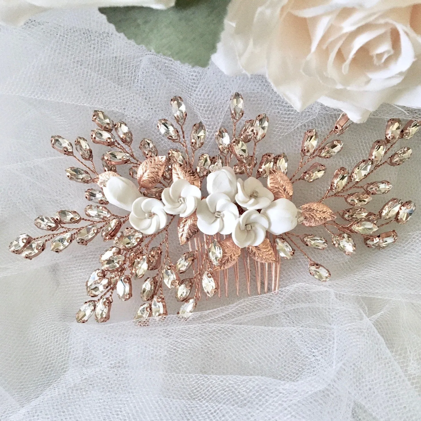 "Kenlyn" - Ceramic Flower Bridal Hair Comb - Available in Silver, Rose Gold and Yellow Gold