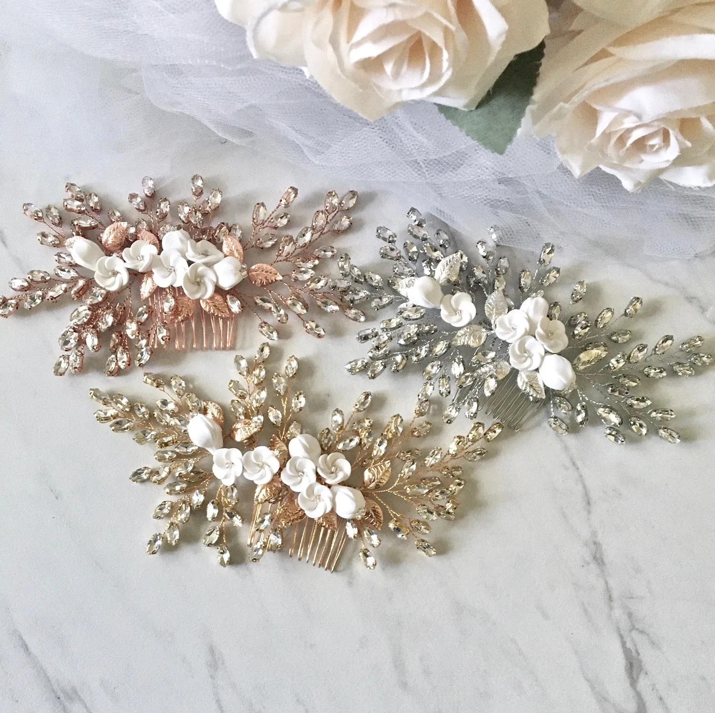 "Kenlyn" - Ceramic Flower Bridal Hair Comb - Available in Silver, Rose Gold and Yellow Gold