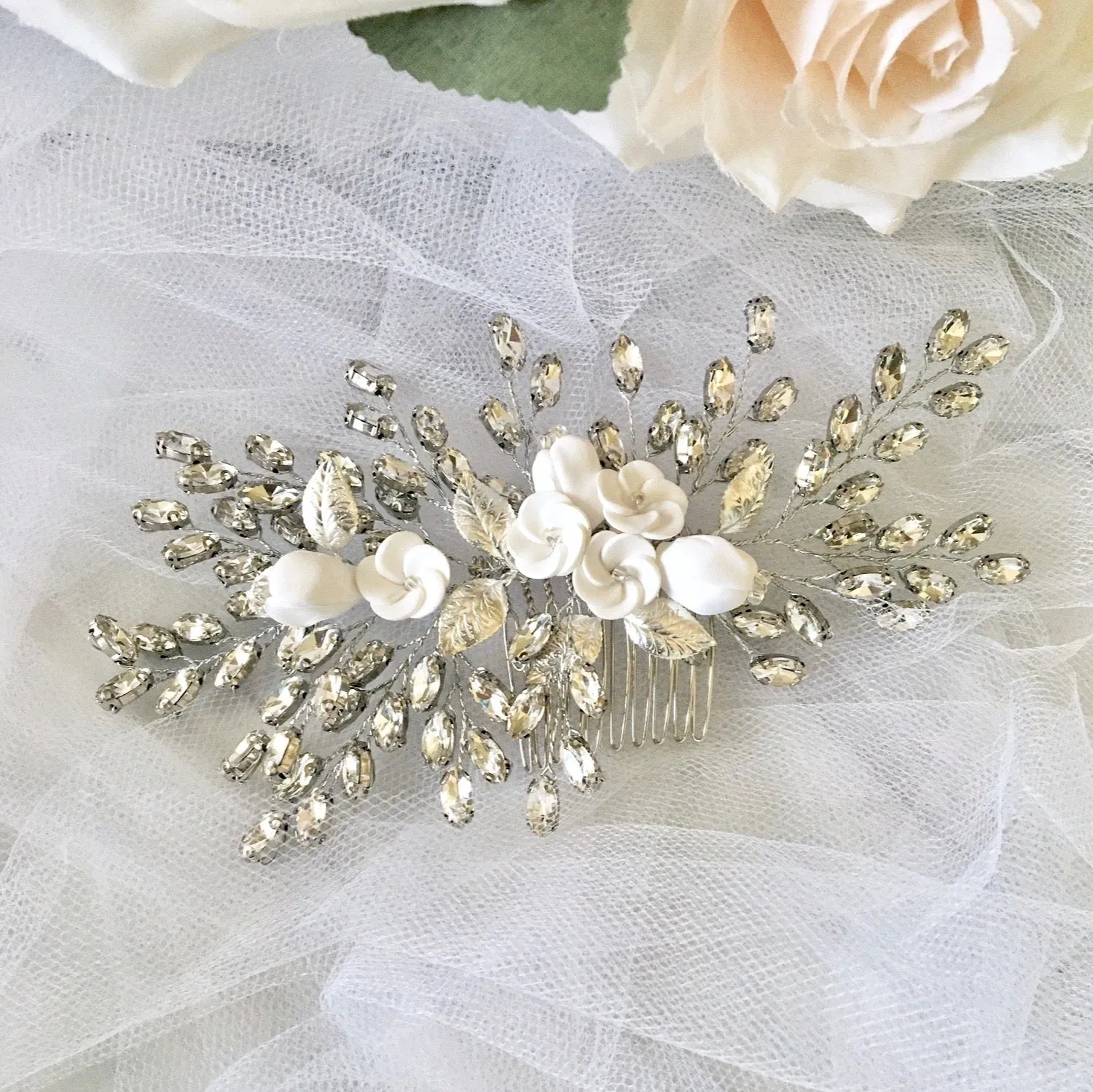 "Kenlyn" - Ceramic Flower Bridal Hair Comb - Available in Silver, Rose Gold and Yellow Gold