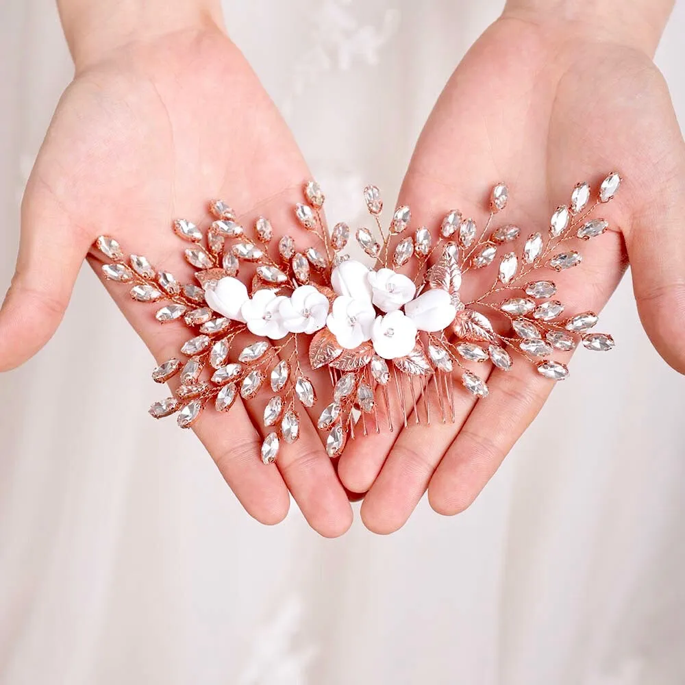"Kenlyn" - Ceramic Flower Bridal Hair Comb - Available in Silver, Rose Gold and Yellow Gold