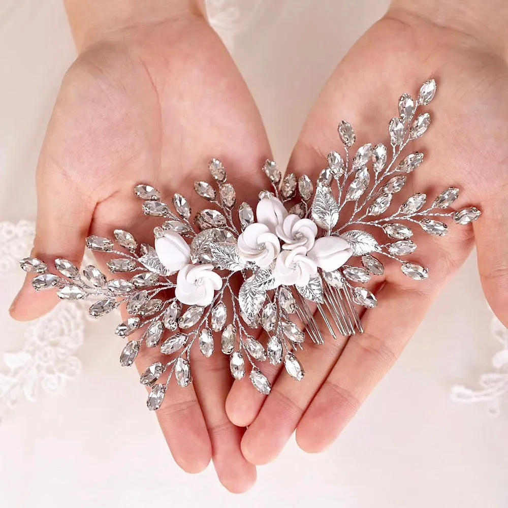 "Kenlyn" - Ceramic Flower Bridal Hair Comb - Available in Silver, Rose Gold and Yellow Gold