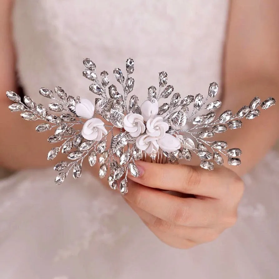 "Kenlyn" - Ceramic Flower Bridal Hair Comb - Available in Silver, Rose Gold and Yellow Gold