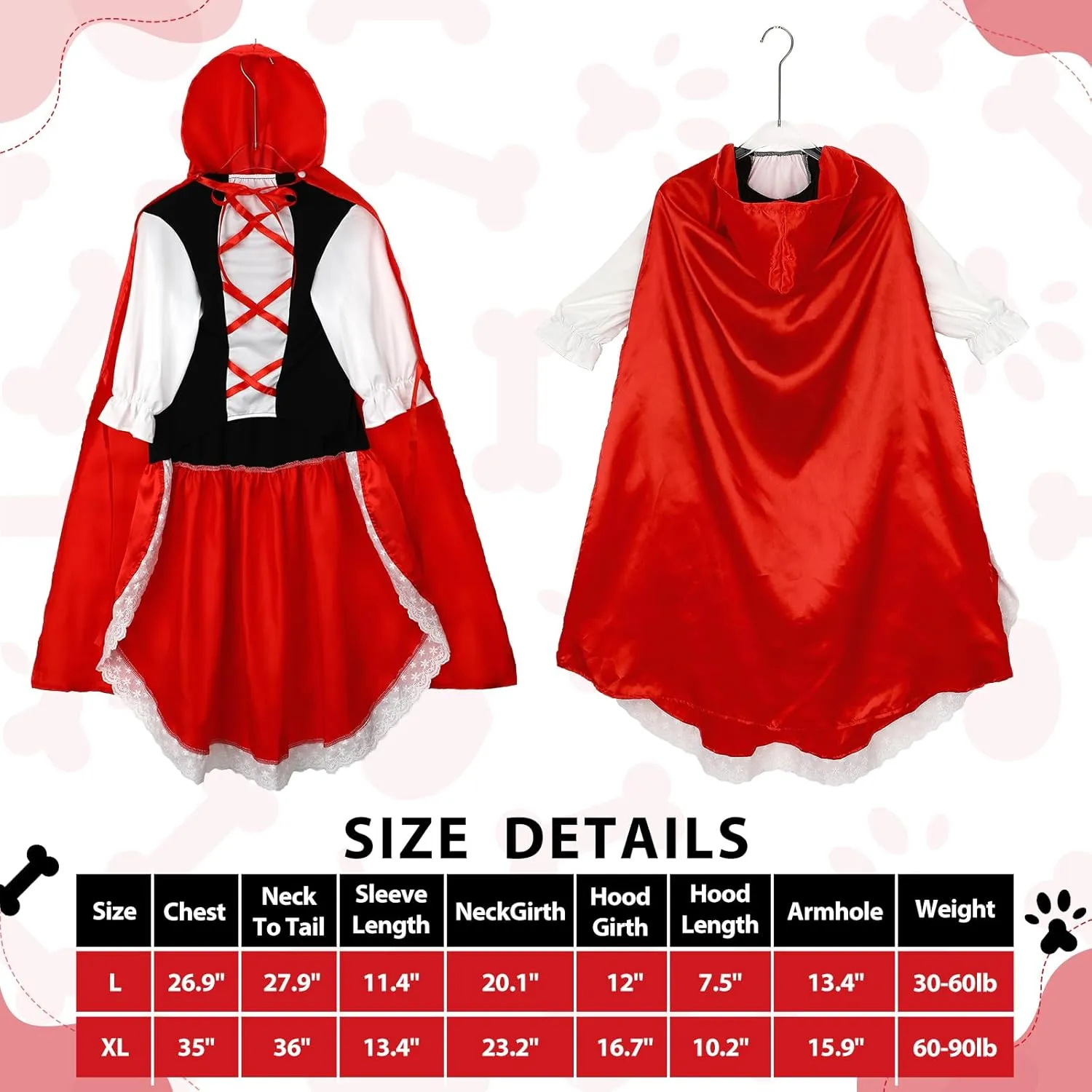Red Hooded Cape Dog Costume Pet Red Hooded Cape Dress and Cape Outfit for Large Dog Cute Halloween Costume(L)