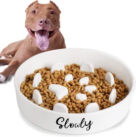 Slow Feeder Dog Bowls, Farmhouse Ceramic Fun Slow Eater Bowl for Medium Sized Dog, White