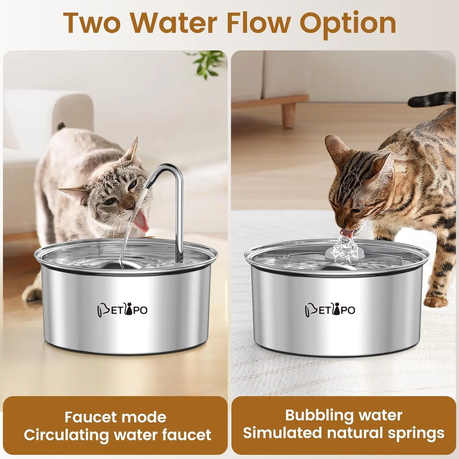 Stainless Steel Cat Water Fountain, 3.2L/108oz Cat Fountain for Drinking, Pet Water Fountain for Cats Indoor, BPA-Free Cat Water Dispenser with 2 Flow Modes, kitty Spout Fountain for Cats Dogs