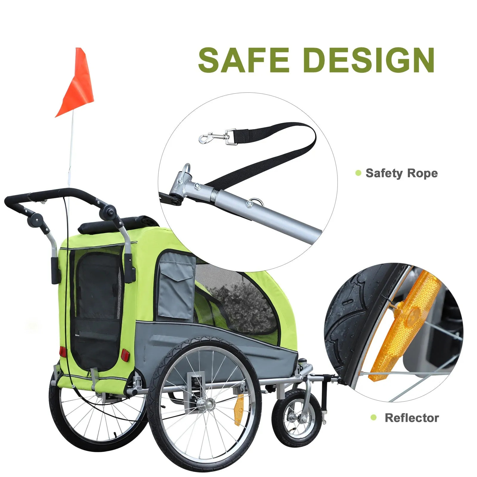 Steel Pet Bicycle Trailer 360 Rotatable 3 Wheel Carrier Green