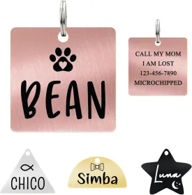 Ultra Joys Personalized Cat Collar Name Tag Small Pet ID Tags for Cats - Customized Mini Cute Dog Cat ID Tag - Bothside Engravable Lightweight Durable Stainless Steel - Square Tag in Rose Gold