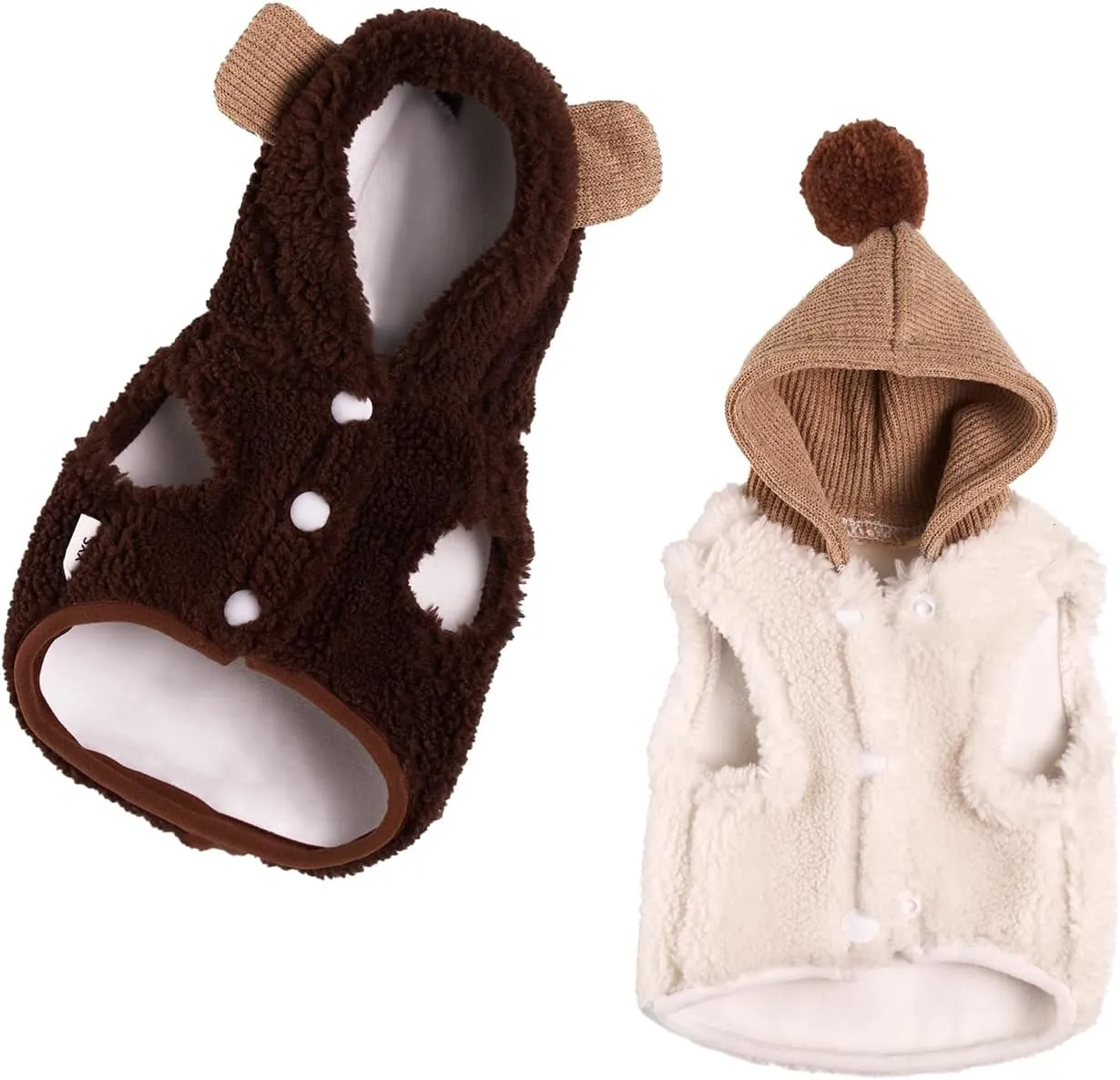 Winter Small Dog Double Fleece Hoodie, Cute Warm Sleeveless Buckle Sweater for Teacup Chihuahua Yorkshire, Coat for Small Medium Dogs and Cats (Beige, Medium)