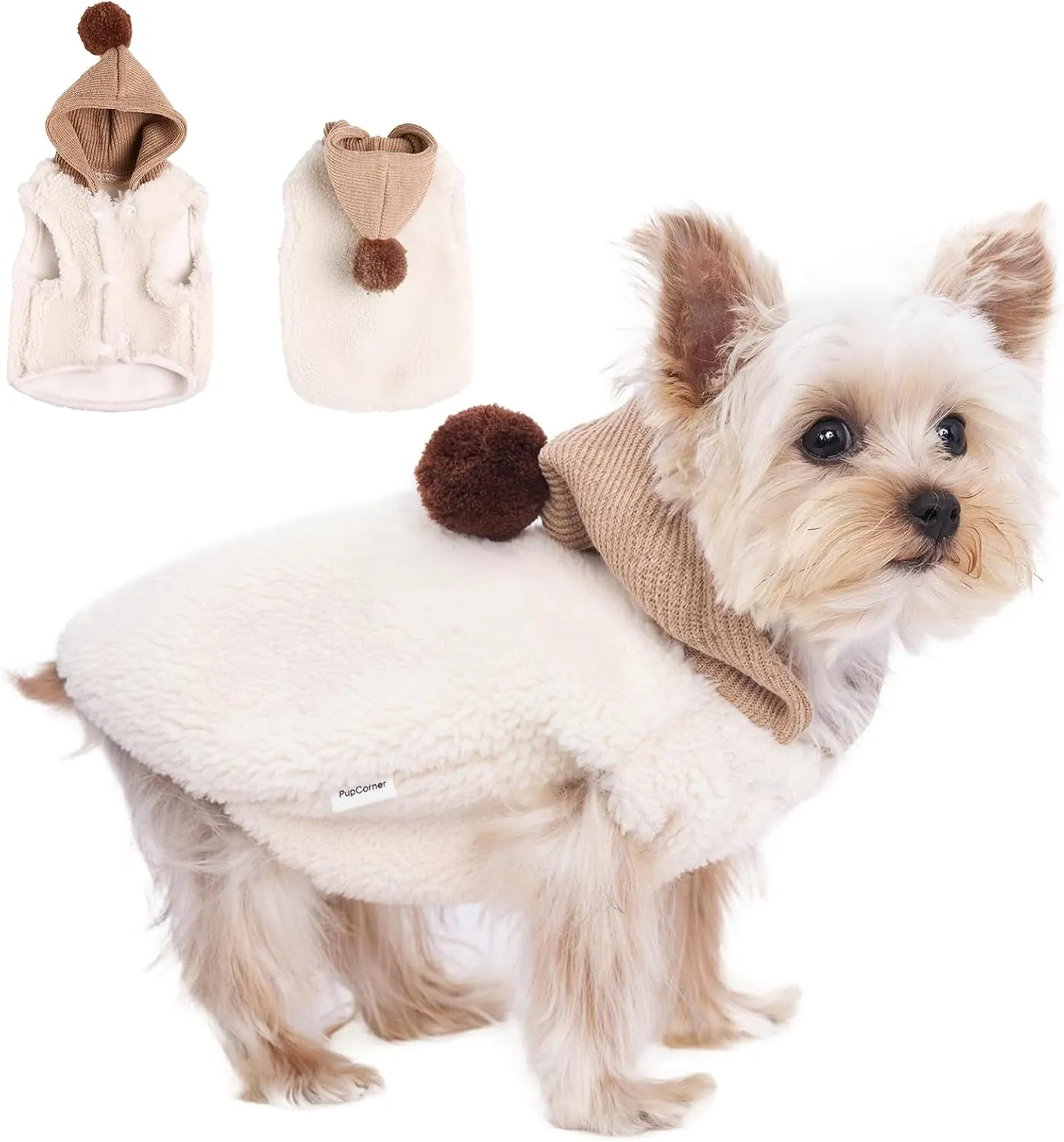 Winter Small Dog Double Fleece Hoodie, Cute Warm Sleeveless Buckle Sweater for Teacup Chihuahua Yorkshire, Coat for Small Medium Dogs and Cats (Beige, Medium)