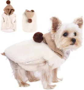 Winter Small Dog Double Fleece Hoodie, Cute Warm Sleeveless Buckle Sweater for Teacup Chihuahua Yorkshire, Coat for Small Medium Dogs and Cats (Beige, Medium)