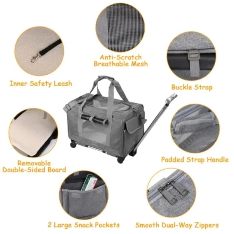 ZUN 1pc Cat Dog Carrier with Wheels Airline Approved Rolling Pet Carrier with Telescopic Handle Shoulder 77237225