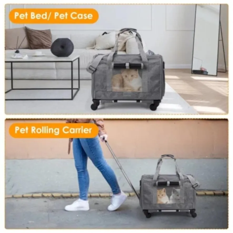ZUN 1pc Cat Dog Carrier with Wheels Airline Approved Rolling Pet Carrier with Telescopic Handle Shoulder 77237225