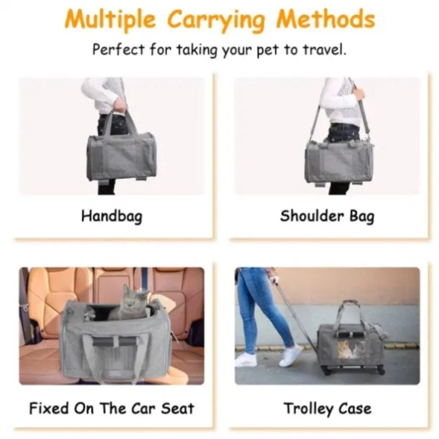 ZUN 1pc Cat Dog Carrier with Wheels Airline Approved Rolling Pet Carrier with Telescopic Handle Shoulder 77237225