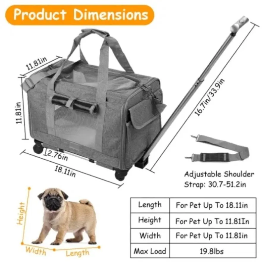 ZUN 1pc Cat Dog Carrier with Wheels Airline Approved Rolling Pet Carrier with Telescopic Handle Shoulder 77237225