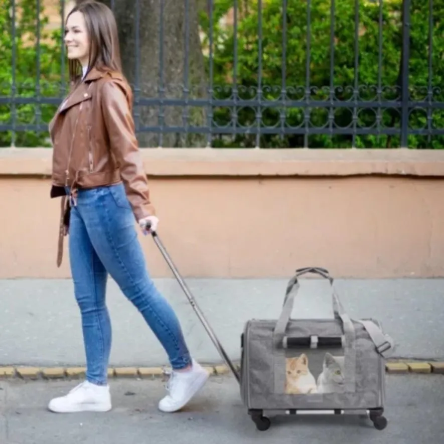 ZUN 1pc Cat Dog Carrier with Wheels Airline Approved Rolling Pet Carrier with Telescopic Handle Shoulder 77237225
